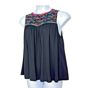 Savannah Jane Embroidered Tunic Tank M Black Keyhole Back Boho Western